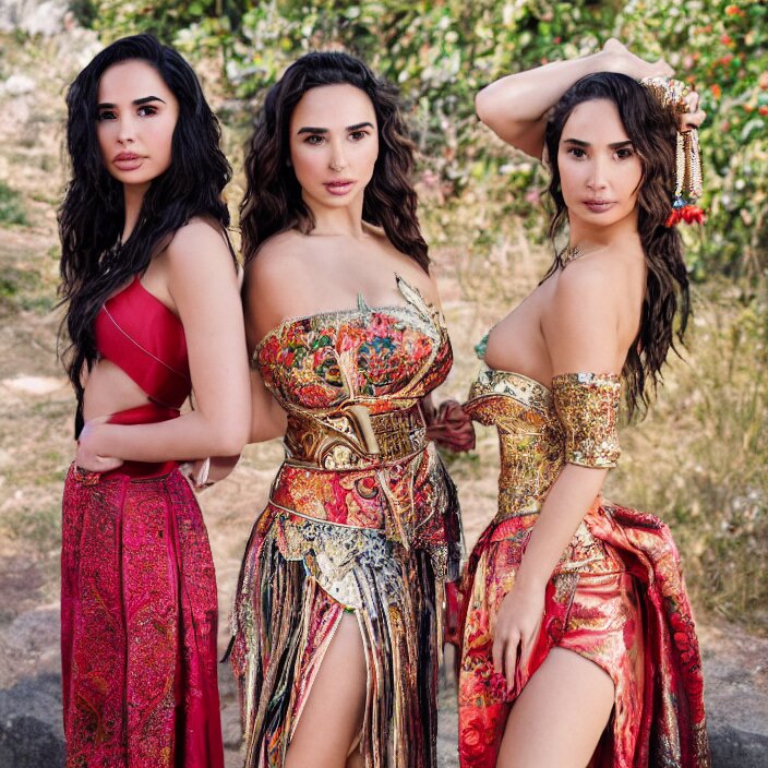 portrait of demi rose and gal gadot wearing southeast asian traditional dress, by charlotte grimm, natural light, detailed face, canon eos c 3 0 0, ƒ 1. 8, 3 5 mm, 8 k, medium - format print 