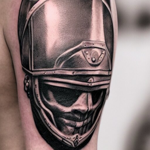 an up close gladiator with shield and sword, tattoo, tattoo art, Black and grey tattoo style,