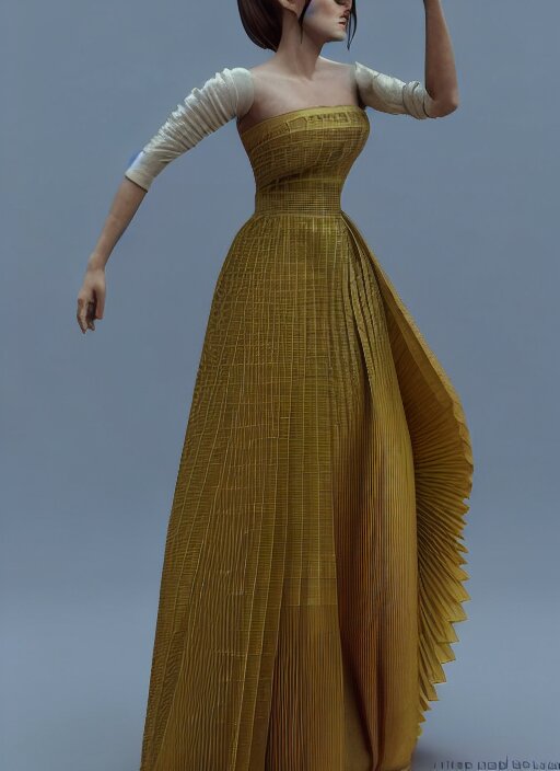 emma watson wearing finely pleated silk bihu mekhela strapless costume expertly draped goddess style dress by madeleine vionnet, assamese gamosa pattern, face by daz 3 d genesis and artgerm concept art 3 d octane render cinema 4 d v ray, unreal engine, hyper realistic hdr fabric textures, ray traced, bright lit cinematic studio fashion photography, real life like, daz iray shaders 