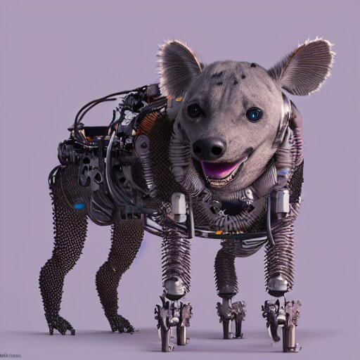 pet robot hyena, cyborg with exposed wires and metal, lights, camera lenses for eyes, realistic high quality concept art 