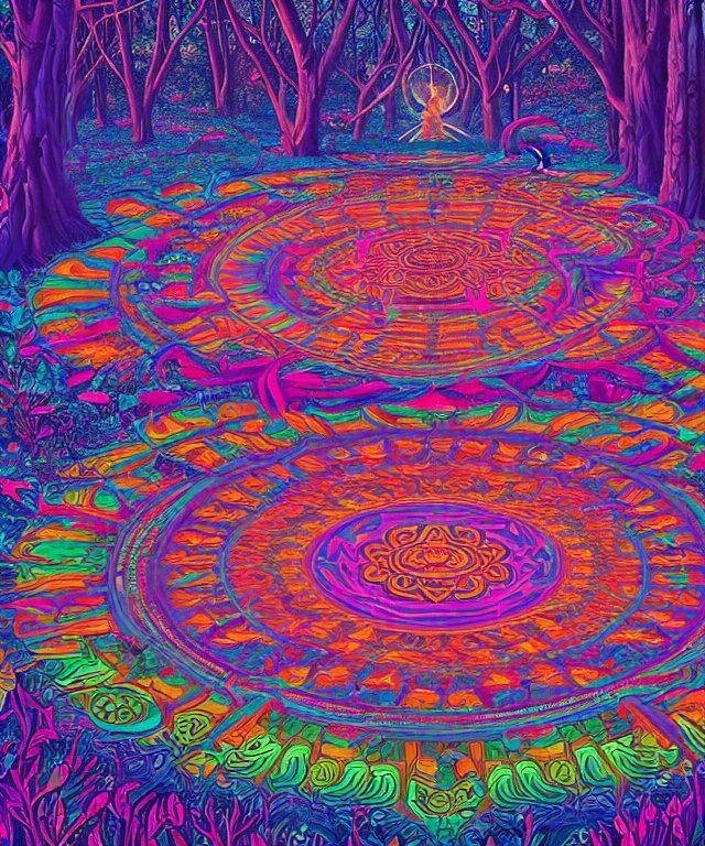 a psychedelic forest mandala on the ground, wide angle landscape shot, pixar style by tristan eaton, artgerm and tom bagshaw 