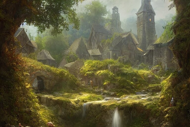 a medieval village with a stream in a forested valley by jessica rossier and brian froud cinematic painting 