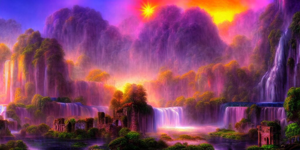 misty village in a waterfall valley at sunrise, ancient ruins, fantasy, precise and incredibly highly detailed intricate 8 k wallpaper, lisa frank dali hr giger, long shot, crisp vibrant colorful and intricate stunning award winning masterpiece trending on artstation beautiful 