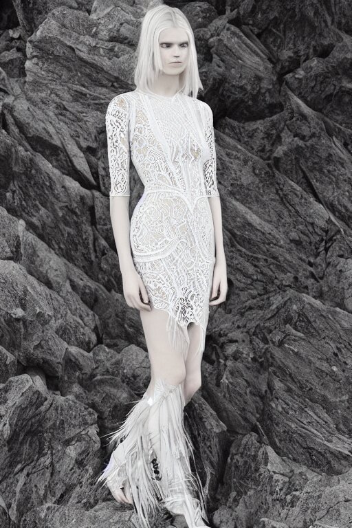 antediluvian crystal atlantean hyperborean avant garde fashion lace dress with natural pattern motifs, young white - blonde model, sharp focus, outdoors, godray lighting 