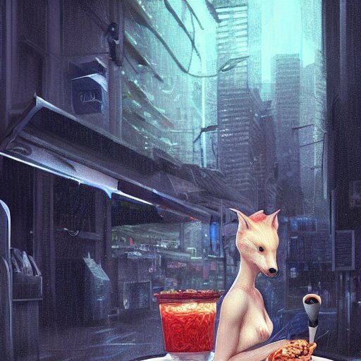 white anthropomorphic female vulpes vulpes fulva, eating ramen from a bowl, in the rain by a noodle kiosk, in crowded and wet street of a city, cyberpunk, harsh neon lights, highly detailed, digital painting, trending on artstation, concept art, sharp focus, illustration, art by artgerm and greg rutkowski and magali villeneuve 