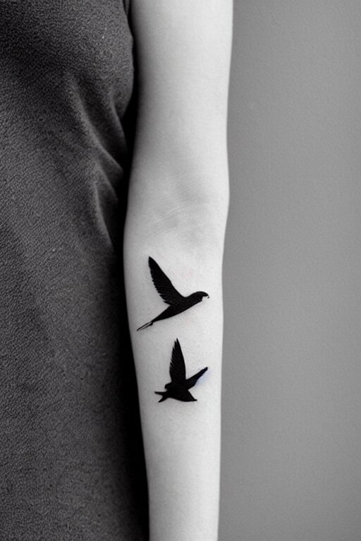 a simple artistic tattoo design of minimalist flying birds, black ink, abstract geometric logo 