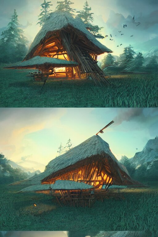 an awesome twilight day concept art of old hut standing at giant hen's legs, by kengo kuma and wes anderson with village, mixed development, cgsociety, fantastic realism, artstation hq 