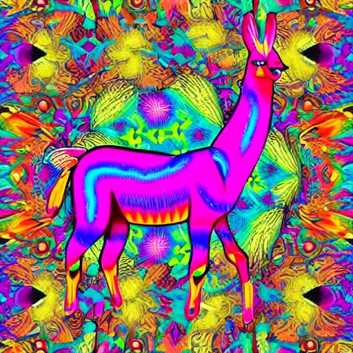 psychedelic, photorealistic, colorfully llama in a maximalist style on a background that fades to black 