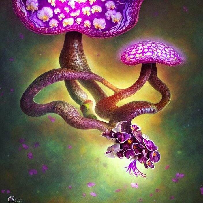 extremely psychedelic animal made of orchid and cherry blossom tree and mushroom, LSD, diffuse lighting, fantasy, intricate, elegant, highly detailed, lifelike, photorealistic, digital painting, artstation, illustration, concept art, smooth, sharp focus, art by John Collier and Albert Aublet and Krenz Cushart and Artem Demura and Alphonse Mucha