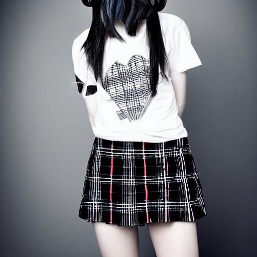 female model teenage goth photography plaid mini skirt band shirt beautiful face, dramatic light darkroom 