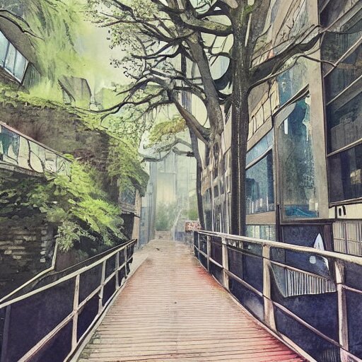 Wooden footpath next to narrow canal between buildings in beautiful overgrown futuristic sci-fi city in harmony with nature. Nice colour scheme, soft warm colour. Beautiful detailed watercolor by Lurid. (2022)