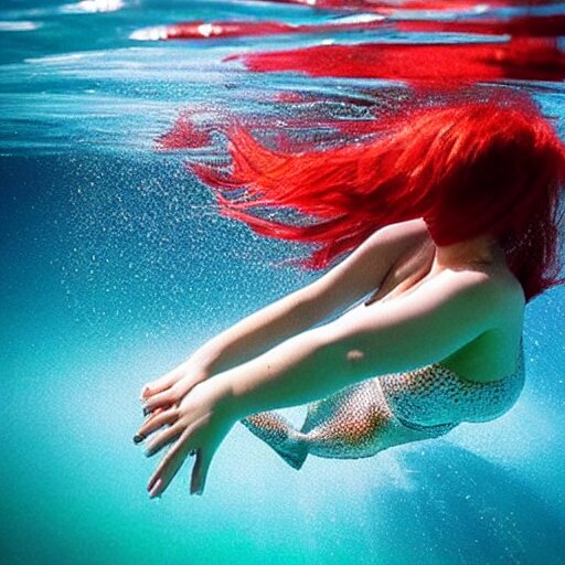 beautiful curvy perfect mermaid under the water with flowing tail swims peacefully under the ocean surface on a warm sun filled day, her red hair trails behind her floating in the water. natural beauty gorgeous stunning photo 