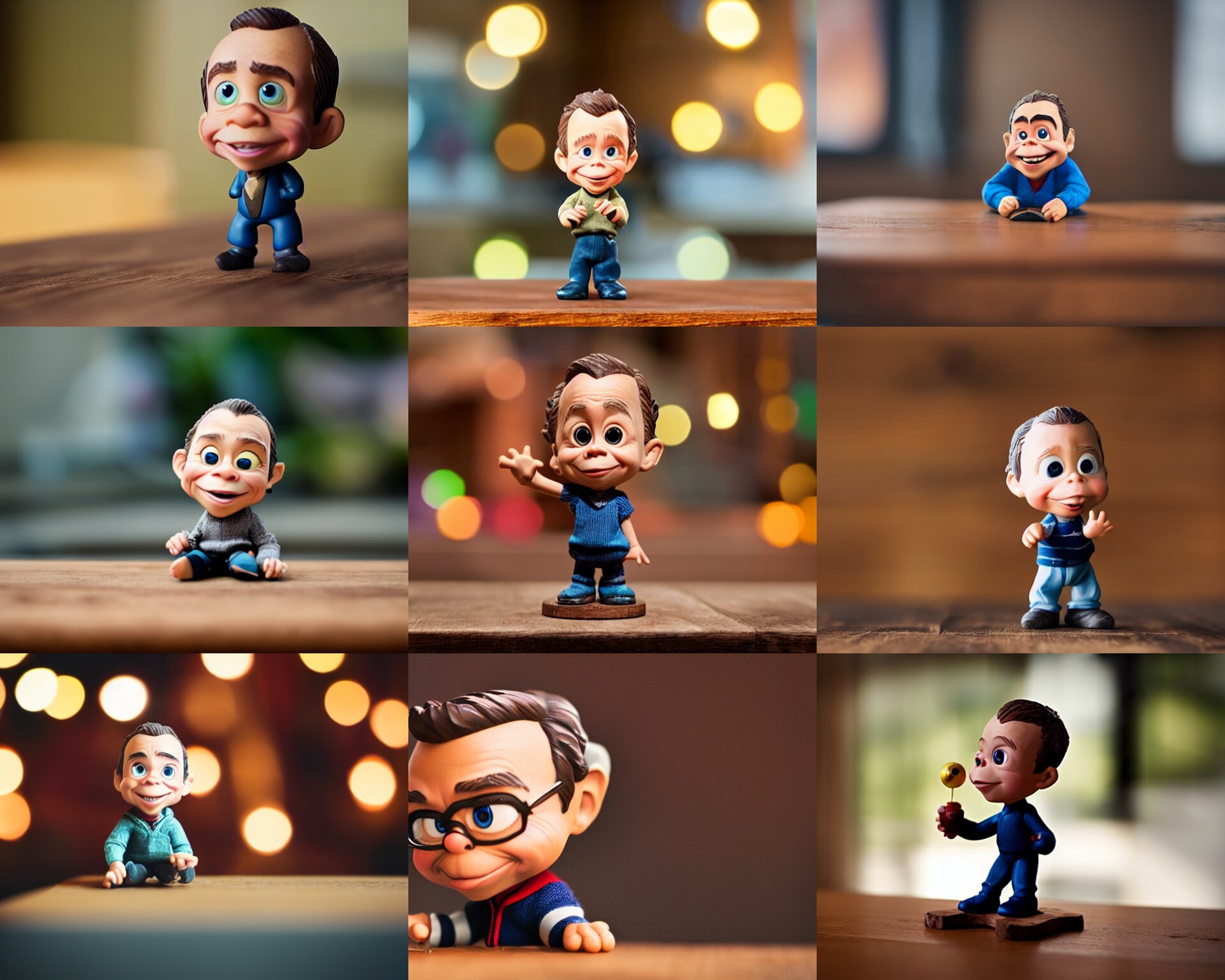 warwick davis figurine by pixar sad bokeh on wooden table. 