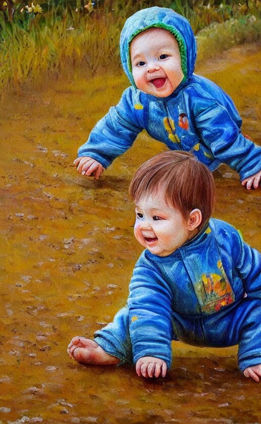 beautiful detailed painting of a baby crawling in the mud. the baby is smiling and happy, and wearing small wellies. vibrant, high quality, very funny, beautiful, hq. hd. 4 k. award winning. trending on artstation 