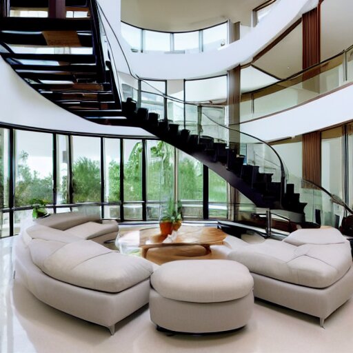 A modern style living room with floor to ceiling glass windows on the left and curved wooden stairs going upstairs on the right, two white sofas with a white marble table in the center, stairs to the second floor, 8k resolution, professional interior design photograph, wide angle photograph