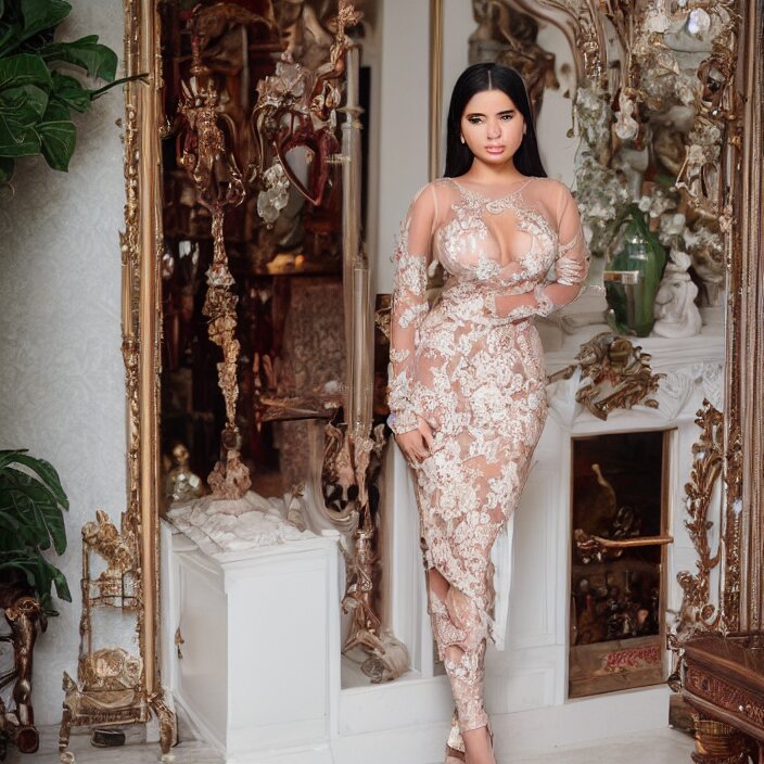 a photograph of Demi Rose wearing Kebaya in a mansion, natural light, detailed face, CANON Eos C300, ƒ1.8, 35mm, 8K, medium-format print