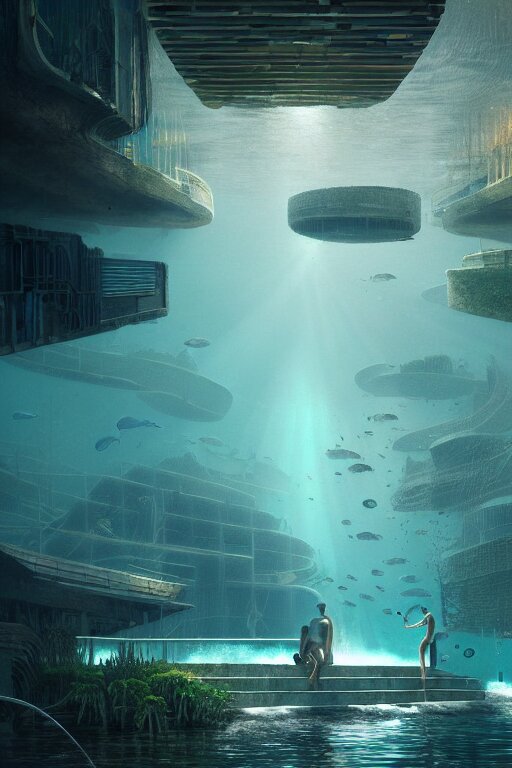 hyperrealistic precisionist cinematic underwater neo - dystopian city ruins with giant luminescent aquatic plants, digital art masterpiece, aykut aydogdu eric zener, dramatic volumetric light, long shot, low angle uhd 8 k, sharp focus 