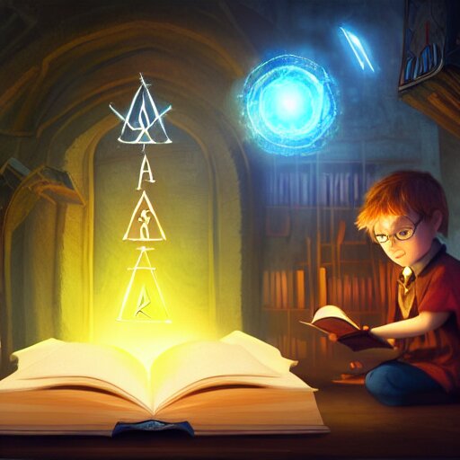 A young wizard reading a spell book at a desk, as he reads the words runes float in the air. Magic, orange lighting, flux. High fantasy, digital painting, HD, 4k, detailed.