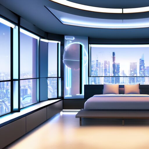 a futuristic luxury white bedroom with ceiling high windows looking out to a cyberpunk cityscape, flying cars, night time, neon lights, cinematic 3d render, unreal engine 5, cgsociety