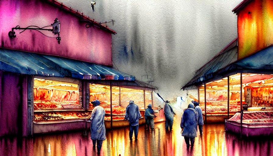 watercolor painting of a butcher shop, raining, busy street, romantisism, outrun, pastel colors, painting, moody, detailed, by android jones 