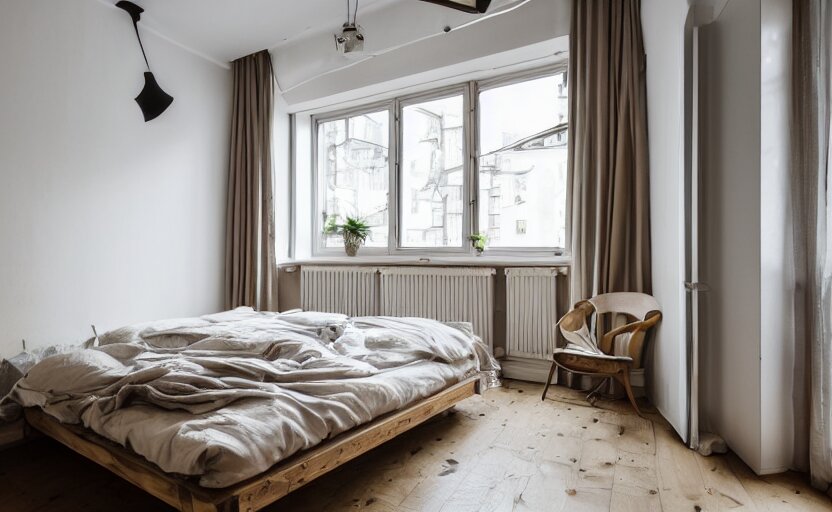 interior of a compact bedroom in an apartment building, bed, bronze wall, cupboards, czech design, swedish design, natural materials, minimalism, pine wood, earth colors, feng shui, rustic, white, beige, bright, plants, windows with a view of a green park, modernist, 8 k 