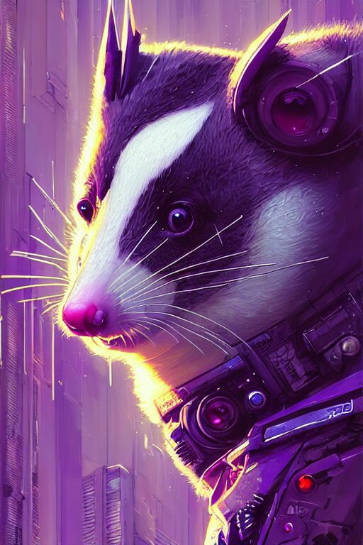 a beautiful portrait of a cute cyberpunk opossum by sandra chevrier and greg rutkowski and wlop, purple blue color scheme, high key lighting, volumetric light, digital art, highly detailed, fine detail, intricate, ornate, complex, octane render, unreal engine, photorealistic 