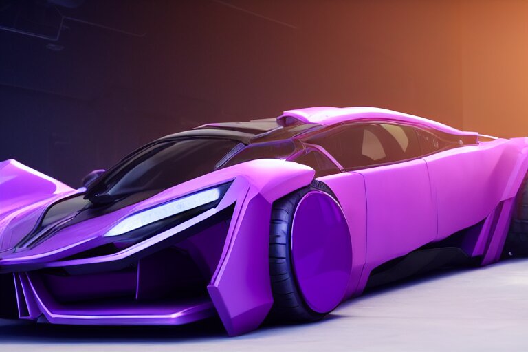 cyberpunk purple batmobile concept inspired sports car, futuristic look, highly detailed body, very expensive, photorealistic camera shot, bright studio setting, studio lighting, crisp quality and light reflections, unreal engine 5 quality render 