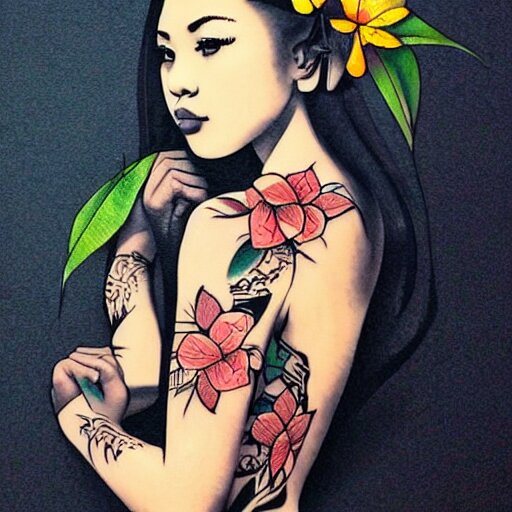 tattoo design, stencil, stencil on paper, tattoo stencil, traditional, beautiful portrait of a traditional Hawaiian girl with flowers in her hair, upper body, by artgerm, artgerm, artgerm, digital art, cat girl, anime eyes, anime, sexy, super model-s 100