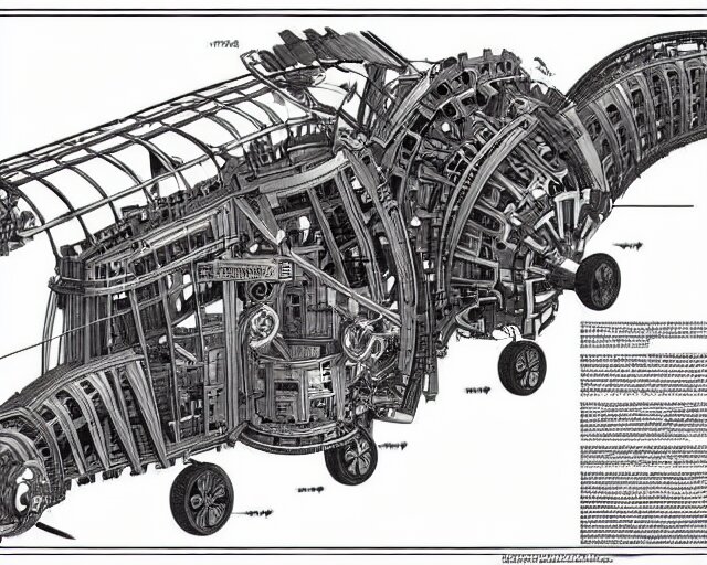 a full page of a mechanical blueprint showing a cutaway design for a mechanized brontosaurus from howl's moving castle ( 2 0 0 4 ), with people inside piloting it, muted colors, post grunge, studio ghibli, hq, 