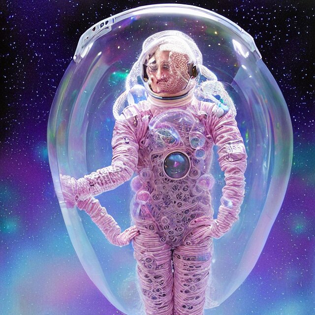 realistic extremely detailed  photo style  painting of a bifurcated astronaut eva suit covered in  diamond 3d fractal lace iridescent bubble 3d skin +, camera appendage stalks+helmet clear brain case see through ,in a jumping float pose inside of a futuristic space station blobby holograpic shrink wrap bubble,
,opal ruby diamond iridescent fractal lace bubble materials,alternate reality ceramic age,
monolithic retro futuristic ,water , by style hybrid mix of beeple+Anton Pieck+Jean Delville+ Amano,Yves Tanguy+ Alphonse Mucha+ Ernst Haeckel+ Edward Robert Hughes+Stanisław Szukalski covered with compound eye camera lenses,neutron,
rich moody colors,diamond dust glitter and sparkles, granular detail,holographic krypton ion,blue eyes,octane render,4k,
f32,55mm photography,wide angle ,jumping float Pose,full shot,  