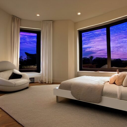 a futuristic furnished bedroom with a large window at sunset, godrays, luxury white bed, warm lighting