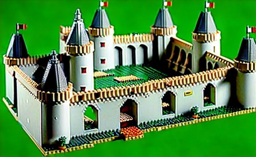 a realistic detailed accurate Lego set of a medieval French castle on a green hill