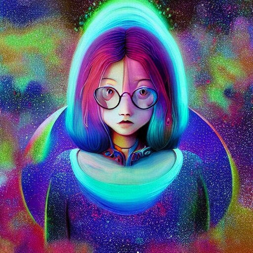 a psychedelic portait of a girl by takashi murakami,, beeple and james jean, aya takano color style, 4 k, super detailed, night sky, digital art, digital painting, celestial, majestic, colorful 