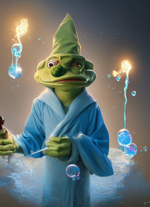 an anthropomorphic beautiful male wizard blowing giant bubbles wearing blue robe, fine art, award winning, intricate, elegant, sharp focus, octane render, hyperrealistic, wizard hat cinematic lighting, highly detailed, digital painting, 8 k concept art, art by jamie hewlett and z. w. gu, masterpiece, trending on artstation, 8 k 