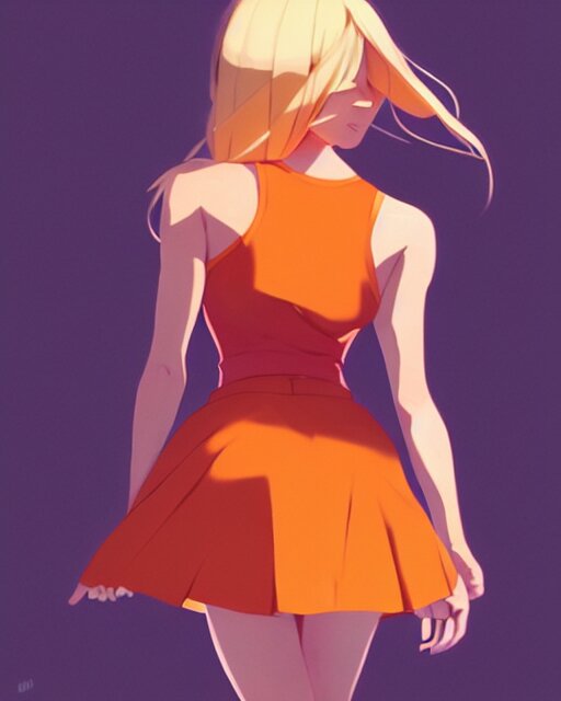 blond woman in an orange ripped mini dress, by artgerm, by studio muti, greg rutkowski makoto shinkai takashi takeuchi studio ghibli 