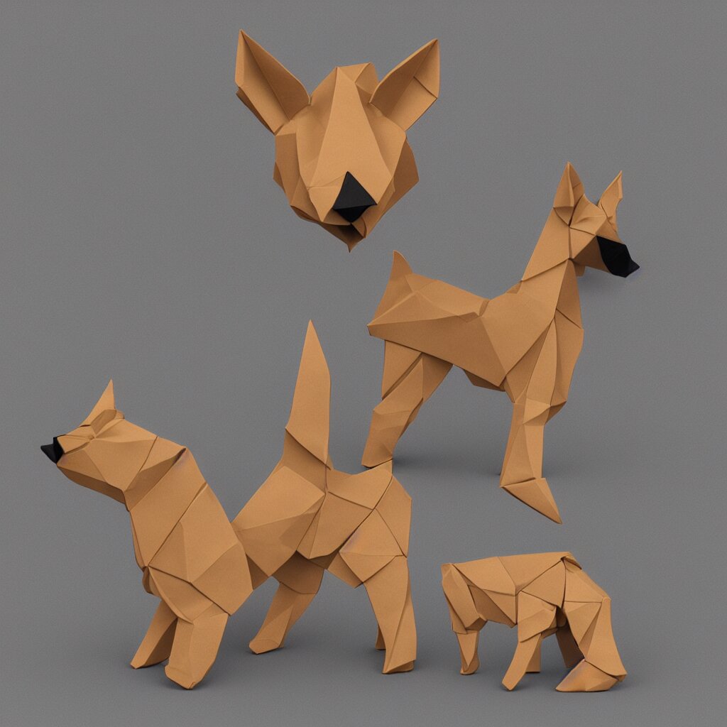 3 d rendering of japanese cardboard origami of simplified shape of german shepherd, 2 d image, trending on artstation 