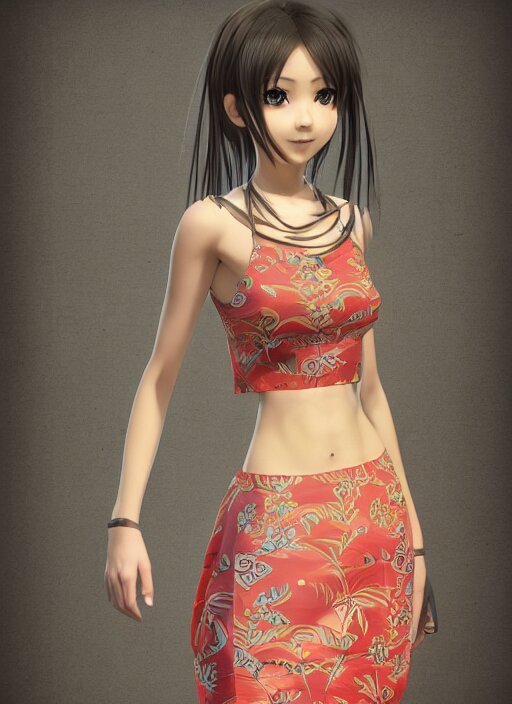 beautiful anime girl wearing summer assamese mekehela bihu style floral gamosa dress ; flirtatious, boho - chic, sleeveless, elegant, short skirt length, slimmer demeanor, plethora of colors ; mini dress, highly detailed cute face by wlop ; octane render, unreal engine 5, symmetrical, high coherence, hdr fabric textures 