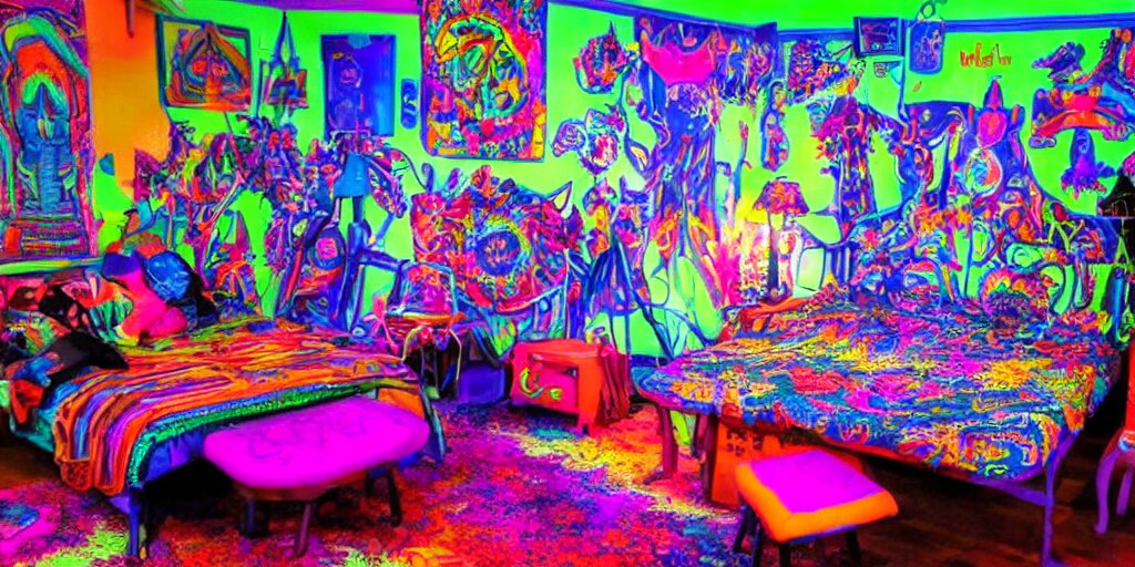 a cluttered psychedelic 90s room with a blacklight and glowing furniture