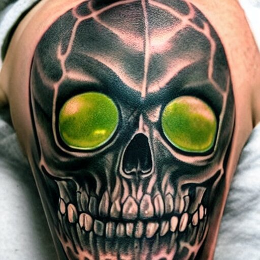 dark tattoo, snake wrapping its body around skull, toxic acid green dark colors