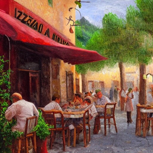 a traditional pizzeria in the street of a small village on the riviera. a terrace in the shade of a hundred - year - old olive tree, a friendly atmosphere around pizzas and rose wine. dolce vita. unreal engine rendering, hyper realist, ultra detailed, oil painting, warm colors, happy, impressionism, da vinci, 