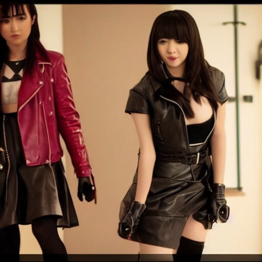 a dynamic, epic cinematic 8K HD movie shot of a japanese beautiful cute young J-Pop idol actress yakuza rock star girl wearing leather jacket, miniskirt, nylon tights, high heels boots, gloves and jewelry. Motion, VFX, Inspirational arthouse