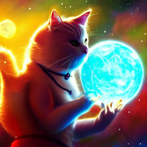 illustration of a white fluffy cat wizard casting a spell in space. 4k trending ArtStation highly detailed vibrant