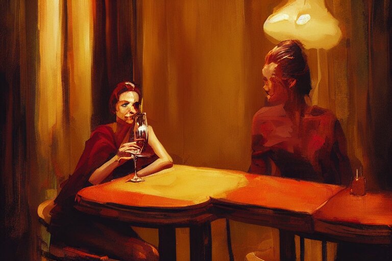 A painting of a sympathic sorceress sitting at a table having a glas of red wine in a bar late at night by Greg Rutowski,  Craig Mullins, ambient lighting, trending on artstation