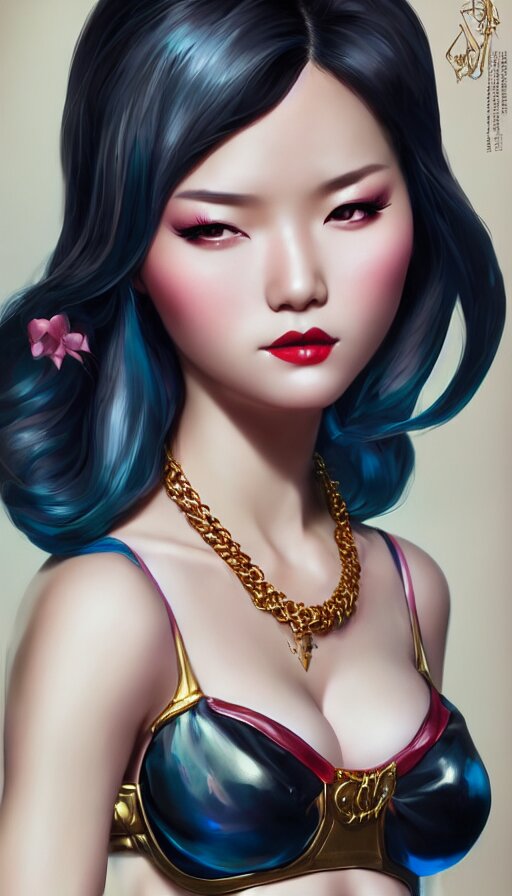 a pin up and beautiful fashion and charming and dreamlke asian girl with lv jewelry, medium shot, art by artgerm & ross tran & wlop, hyperdetailed, 8 k realistic, symmetrical, frostbite 3 engine, cryengine, dof, trending on artstation, digital art 