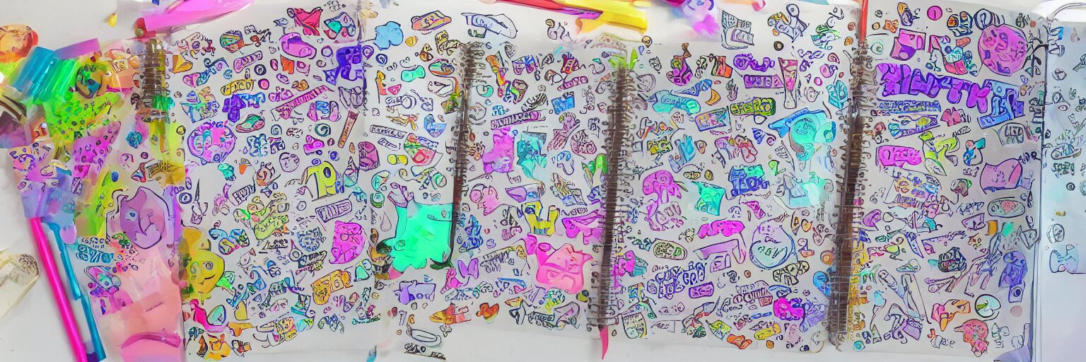 a school notebook covered in doodles, stickers, glitter, and holographic stickers