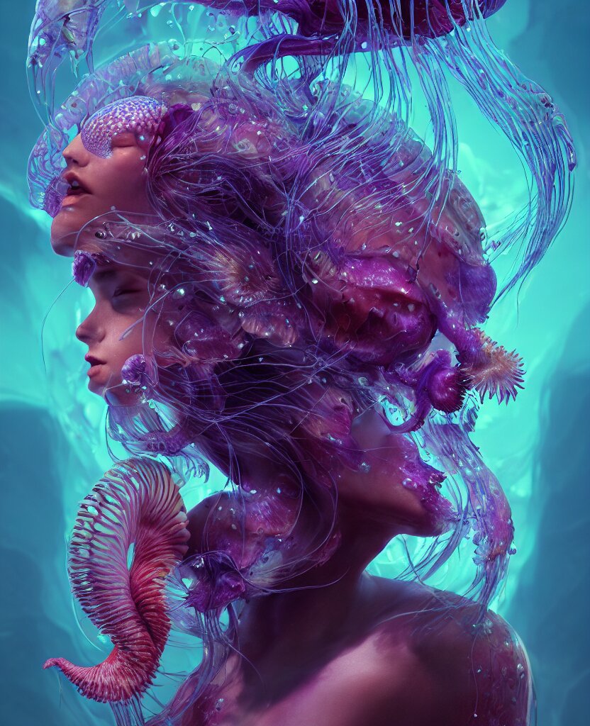 goddess close-up face portrait. chimera orchid jellyfish phoenix head, nautilus, skull, betta fish, bioluminiscent creatures, intricate artwork by Tooth Wu and wlop and beeple. octane render, trending on artstation, greg rutkowski very coherent symmetrical artwork. cinematic, hyper realism, high detail, octane render, 8k