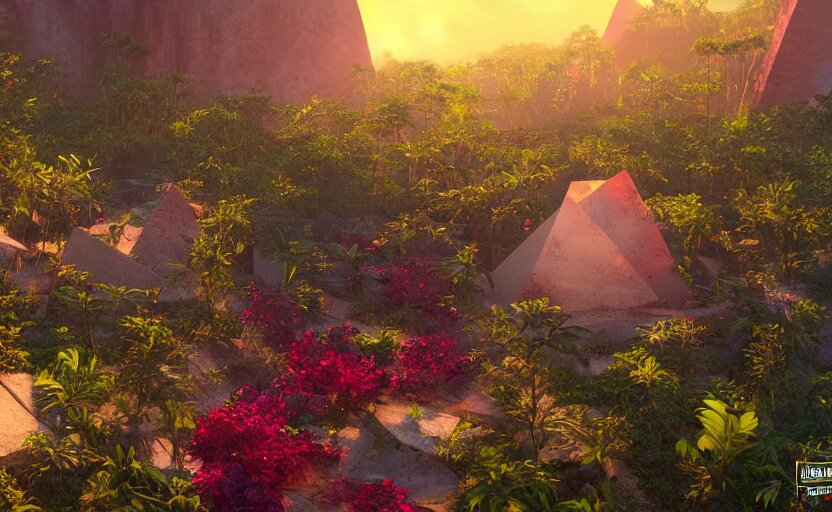 a crystal tetrahedron!!! in the middle of ancient ruins in a lush prehistoric jungle, inside a humongous cave, red and magenta flowers, sunset, godrays, orange and blue sky, haze, volumetric lighting, a high - quality render, photorealistic, unreal engine 5 