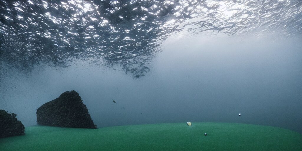 a great photograph of the most amazing golf hole in the world under water, fish everywhere, perfect light, ambient light, 5 0 mm, golf digest, top 1 0 0, fog 