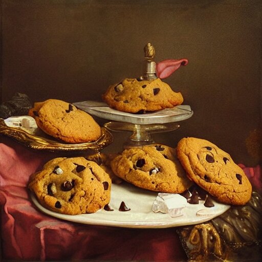 opulent banquet of plates of freshly baked chocolate chip cookies and jelly beans, chocolate sauce, marshmallows, delicious, glistening, highly detailed, food photography, art by rembrandt 