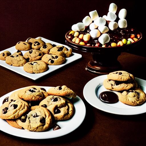 opulent banquet of plates of freshly baked chocolate chip cookies, jelly beans, chocolate sauce, marshmallows, highly detailed, food photography, art by rembrandt 